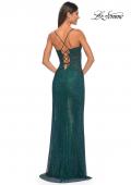 Picture of: Rhinestone Fishnet Gown with Lace Detail and High Slit in Dark Emerald, Style: 32218, Detail Picture 8