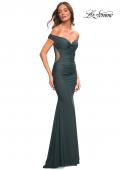 Picture of: Luxe Off the Shoulder Gown with Mesh Side and Back Panels in Dark Emerald, Detail Picture 9