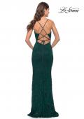 Picture of: Fitted Stretch Lace Prom Dress with Banded Waist in Dark Emerald, Style: 31234, Detail Picture 9