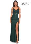 Picture of: Jersey Prom Dress with Illusion Sides and V Neckline in Dark Emerald, Style: 32139, Detail Picture 9