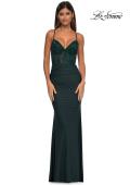 Picture of: Lace and Jersey Dress with Ruched Skirt and V Neckline in Dark Emerald, Style: 32217, Detail Picture 9