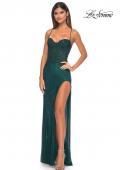 Picture of: Rhinestone Fishnet Gown with Lace Detail and High Slit in Dark Emerald, Style: 32218, Detail Picture 9