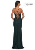 Picture of: Lace and Jersey Dress with Ruched Skirt and V Neckline in Dark Emerald, Style: 32217, Detail Picture 10