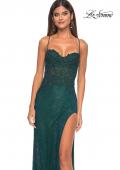 Picture of: Rhinestone Fishnet Gown with Lace Detail and High Slit in Dark Emerald, Style: 32218, Detail Picture 10