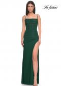 Picture of: Bustier Net Jersey Prom Dress with Ruching and High Slit in Dark Emerald, Style: 32161, Detail Picture 11