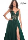 Picture of: Tulle A-Line Gown with Sheer and Beaded Lace Detail in Dark Emerald, Style: 31471, Detail Picture 12
