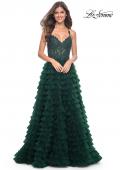 Picture of: Ruffle Tulle Prom Gown with Illusion Lace Bodice and High Slit in Dark Emerald, Style: 32128, Detail Picture 14