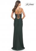 Picture of: Ruched Jersey Dress with Lace Up Back in Dark Emerald, Style: 31572, Detail Picture 15