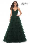 Picture of: A-Line Ruffle Tulle Gown with High Slit and Lace Up Back in Dark Emerald, Style: 32086, Detail Picture 15