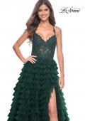 Picture of: Ruffle Tulle Prom Gown with Illusion Lace Bodice and High Slit in Dark Emerald, Style: 32128, Detail Picture 15