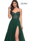 Picture of: A-Line Tulle Gown with High Slit and Illusion Rhinestone Fishnet Bodice in Green, Style: 32135, Detail Picture 15