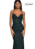 Picture of: Lace and Jersey Dress with Ruched Skirt and V Neckline in Dark Emerald, Style: 32217, Detail Picture 15