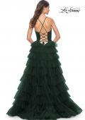 Picture of: A-Line Ruffle Tulle Gown with High Slit and Lace Up Back in Dark Emerald, Style: 32086, Detail Picture 16