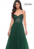 Picture of: A-Line Tulle Gown with High Slit and Illusion Rhinestone Fishnet Bodice in Green, Style: 32135, Detail Picture 16