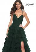 Picture of: A-Line Ruffle Tulle Gown with High Slit and Lace Up Back in Dark Emerald, Style: 32086, Detail Picture 17