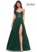 Picture of: A-Line Tulle Gown with High Slit and Illusion Rhinestone Fishnet Bodice in Green, Style: 32135, Detail Picture 17
