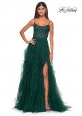 Picture of: Tulle A-Line Dress with Ruffle Skirt and Buster Rhinestone Fishnet Bodice in Dark Emerald, Style: 32233, Detail Picture 17