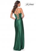 Picture of: Stretch Satin Gown with Bustier Top and Lace Up Back in Dark Emerald, Style: 32264, Detail Picture 17