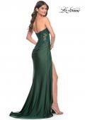 Picture of: Ruched Jersey Skirt with Lace Illusion Top and Rhinestone Prom Dress in Dark Emerald, Style: 32011, Back Picture