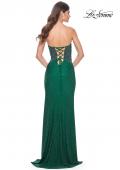 Picture of: Strapless Rhinestone and Beaded Illusion Top Dress with Lace Up Back in Dark Emerald, Style: 32245, Back Picture