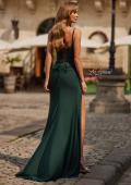 Picture of: Cowl Neck Fitted Gown with Slit and Lace-Up Back in Dark Emerald, Style: 33365, Back Picture