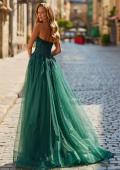 Picture of: Strapless A-Line Gown with Embroidered Corset and Slit in Dark Emerald, Style: 33528, Back Picture