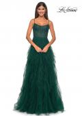 Picture of: Tulle A-Line Dress with Ruffle Skirt and Buster Rhinestone Fishnet Bodice in Dark Emerald, Style: 32233, Detail Picture 19