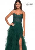 Picture of: Tulle A-Line Dress with Ruffle Skirt and Buster Rhinestone Fishnet Bodice in Dark Emerald, Style: 32233, Detail Picture 20