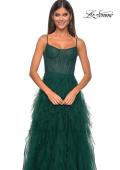 Picture of: Tulle A-Line Dress with Ruffle Skirt and Buster Rhinestone Fishnet Bodice in Dark Emerald, Style: 32233, Detail Picture 22
