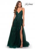 Picture of: Tulle Prom Dress with Floral Detail and Side Slit in Dark Emerald, Style: 28985, Detail Picture 1