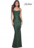 Picture of: Ruched Jersey Dress with Illusion Corset Lace Top in Dark Emerald, Style: 31857, Detail Picture 1