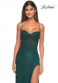 Picture of: Rhinestone Fishnet Gown with Lace Detail and High Slit in Dark Emerald, Style: 32218, Detail Picture 1