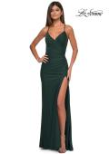 Picture of: Simple Prom Dress with Side Ruching and Lace Up Back in Dark Emerald, Style: 33103, Detail Picture 1
