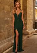 Picture of: Fitted Lace Gown with Plunging Neckline and Lace-Up Back in Dark Emerald, Style: 33508, Detail Picture 1