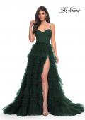 Picture of: Ruffle Tulle A-Line Dress with Satin Bustier Top in Dark Emerald, Style: 32071, Detail Picture 2
