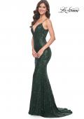 Picture of: Beaded Lace Mermaid Gown with Sheer Side Panels in Dark Emerald, Style: 32309, Detail Picture 2