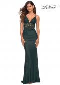 Picture of: Illusion Lace V Neck Top with Jersey Skirt Dress in Dark Emerald, Detail Picture 3