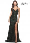 Picture of: Long Sequin Gown with Dramatic Flare Skirt and Slit in Dark Emerald, Style: 31140, Detail Picture 3