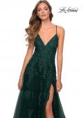Picture of: Tulle Prom Dress with Floral Detail and Side Slit in Dark Emerald, Style: 28985, Detail Picture 4