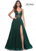 Picture of: Tulle A-Line Gown with Sheer and Beaded Lace Detail in Dark Emerald, Style: 31471, Detail Picture 4