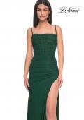 Picture of: Bustier Net Jersey Prom Dress with Ruching and High Slit in Dark Emerald, Style: 32161, Detail Picture 4