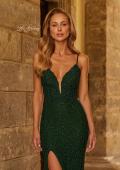 Picture of: Fitted Lace Gown with Plunging Neckline and Lace-Up Back in Dark Emerald, Style: 33508, Detail Picture 4
