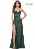 Picture of: Ruched Jersey Skirt with Lace Illusion Top and Rhinestone Prom Dress in Dark Emerald, Style: 32011, Detail Picture 5