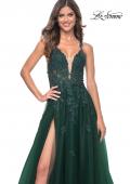 Picture of: A-Line Tulle Dress with Rhinestone Embellished Lace Applique in Dark Emerald, Style: 32022, Detail Picture 5