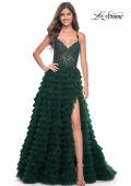 Picture of: Ruffle Tulle Prom Gown with Illusion Lace Bodice and High Slit in Dark Emerald, Style: 32128, Detail Picture 5