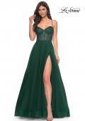 Picture of: A-Line Tulle Gown with High Slit and Illusion Rhinestone Fishnet Bodice in Green, Style: 32135, Detail Picture 5