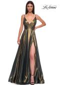 Picture of: Stunning Metallic Chiffon Gown with Ruched Bodice and Slit in Dark Emerald, Style 32864, Detail Picture 5