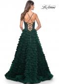 Picture of: Ruffle Tulle Prom Gown with Illusion Lace Bodice and High Slit in Dark Emerald, Style: 32128, Detail Picture 6
