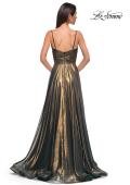 Picture of: Stunning Metallic Chiffon Gown with Ruched Bodice and Slit in Dark Emerald, Style 32864, Detail Picture 6