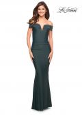 Picture of: Ruched Off the Shoulder Gown with V Neckline in Dark Emerald, Style: 30582, Detail Picture 7
